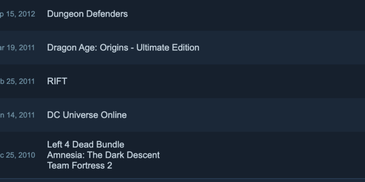 screenshot from Steam highlighting Ash Parrish’s first five Steam purchases featuring a list of games in descending order: Dungeon Defenders, Dragon Age: Origins, Rift, DC Universe Online, Left 4 Dead bundle, Amnesia: The Dark Descent, Team Fortress 2