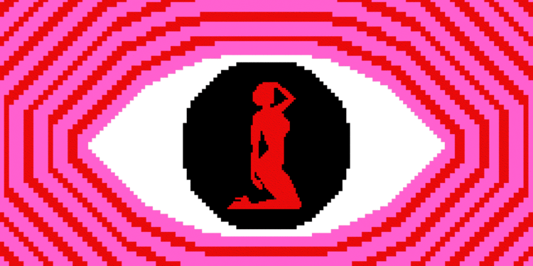 Gif of a female form in a suggestive pose sitting in the middle of a stylized eye