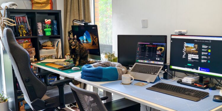 Two desks side by side with a cat sitting on one.