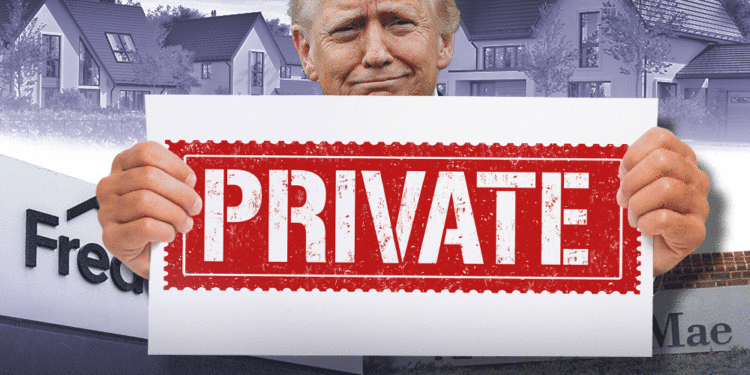 Illustration of Donald Trump holding a sign that says "PRIVATE" in front of Freddie Mac and Fannie Mae logos and houses.