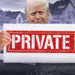Illustration of Donald Trump holding a sign that says "PRIVATE" in front of Freddie Mac and Fannie Mae logos and houses.