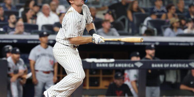 Paul Goldschmidt, hitting a double during the Yankees' win over the Twins on Tuesday, did not play in the Bombers' 4-1 loss on Aug. 13, 2025 because of a low-grade right knee sprain.