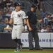 Anthony Volpe walks back to the dugout after striking out in the eighth inning of the Yankees' 1-0 loss to the Red Sox on Aug. 22, 2025.