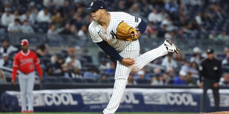 New York Yankees pitcher Fernando Cruz #63 pitching.
