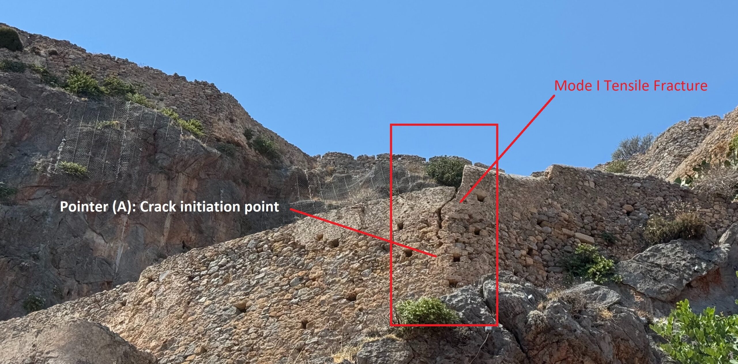 Monemvasia - Microstructural image showing fracture surface characteristics and mortar-stone interface degradation contributing to crack nucleation.