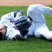 New York Mets pitcher Kodai Senga is injured covering first base on a ground ball and comes out of the game during the sixth inning at Citi Field in Queens, New York, USA, Thursday, June 12, 2025.
