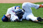 New York Mets pitcher Kodai Senga is injured covering first base on a ground ball and comes out of the game during the sixth inning at Citi Field in Queens, New York, USA, Thursday, June 12, 2025.