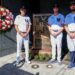 Left to right: Aaron Boone, Gerrit Cole and Carlos Rodón place a wreath on the monument commemorating the 2001 terrorist attacks in Monument Park before the Yankees' 9-3 blowout win over the Tigers on Sept. 11, 2025.