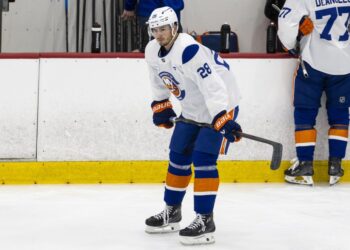 Alexander Romanov looks on during a break in an Islanders' practice earlier this month.