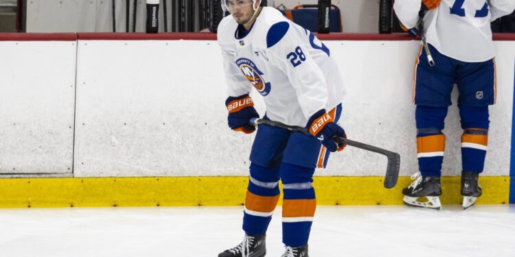 Alexander Romanov looks on during a break in an Islanders' practice earlier this month.
