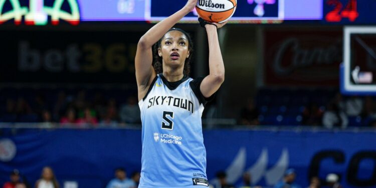 Chicago Sky forward Angel Reese (5) shoots a free throw against the Connecticut Sun during the second half at Wintrust Arena.