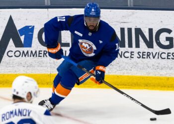 Islanders left wing Anthony Duclair runs a drill during practice at the Northwell Health Ice Center on Sept. 18, 2025.
