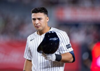 New York Yankees Anthony Volpe (11) grounds out in the fourth inning against the Washington Nationals at Yankee Stadium, Tuesday, Aug. 26, 2025, in Bronx, NY.