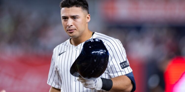 New York Yankees Anthony Volpe (11) grounds out in the fourth inning against the Washington Nationals at Yankee Stadium, Tuesday, Aug. 26, 2025, in Bronx, NY.