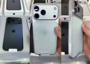 A Weibo clip allegedly shot on an iPhone production line shows a silver handset with a full-width camera bar stretching across the top.