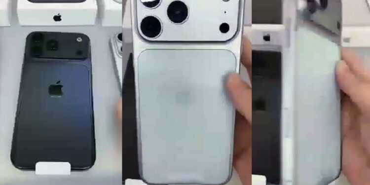 A Weibo clip allegedly shot on an iPhone production line shows a silver handset with a full-width camera bar stretching across the top.