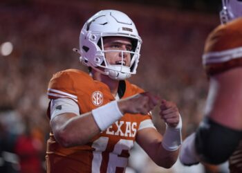 Arch Manning celebrates during the Texas-Sam Houston State game on Sept. 20, 2025.