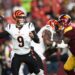 Joe Burrow, #9, throwing a football during a Bengals-Commanders game.