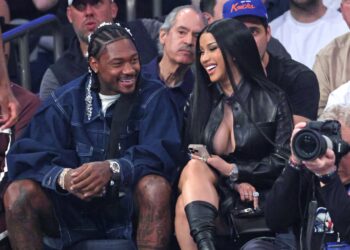 Cardi B and Stefon Diggs on celebrity row at Madison Square Garden for Game 4 of the Knicks-Celtics playoff series on May 11, 2025.
