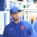 Carlos Mendoza #64 of the New York Mets reacts in the dugout during the fourth inning.