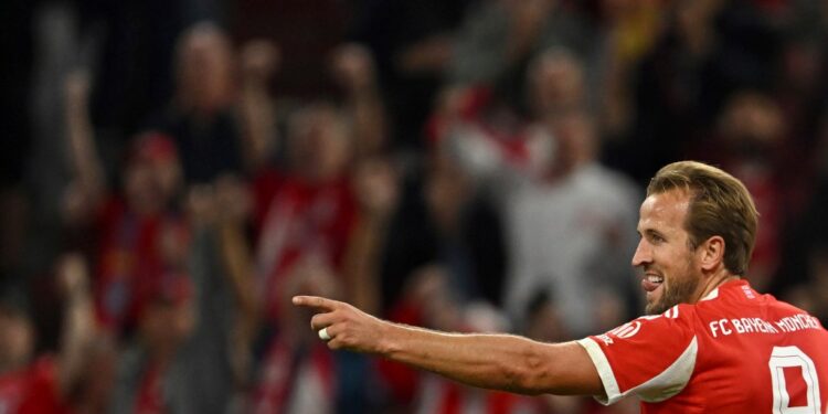 Harry Kane of Bayern Munich celebrating a goal.
