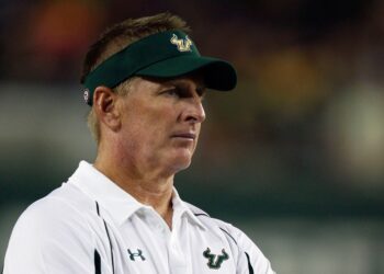 South Florida head coach Jim Leavitt watches his team play Charleston Southern during a NCAA college football game in Tampa, Fla., Sept. 19, 2009.