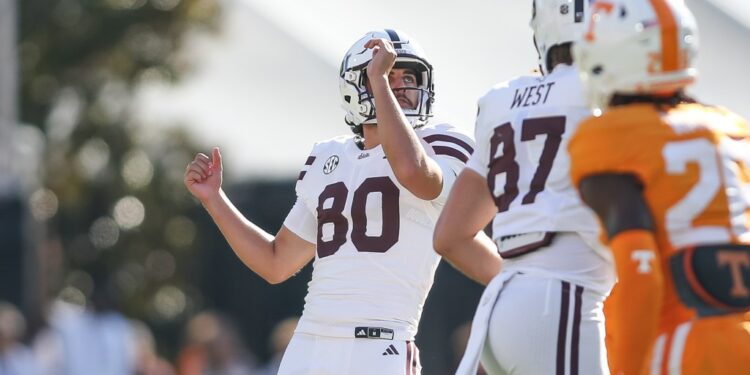 Mississippi State place kicker Kyle Ferrie (80) watches his field goal against Tennessee.
