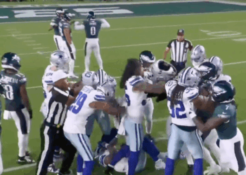 The Eagles and Cowboys got into a heated scuffle.
