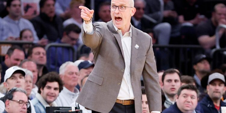 Dan Hurley head coach of the Connecticut Huskies reacts on the sideline in the first half at Madison Square Garden in New York, New York, USA, Thursday, March 13, 2025.