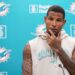 Darren Waller, Miami Dolphins tight end, at a press conference.