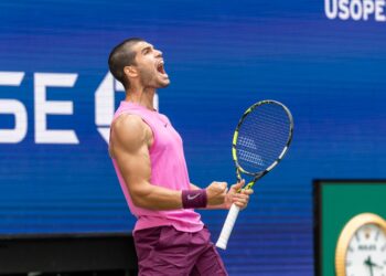 Carlos Alcaraz of Spain celebrates a winning point at the US Open.