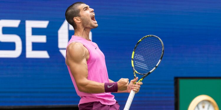 Carlos Alcaraz of Spain celebrates a winning point at the US Open.