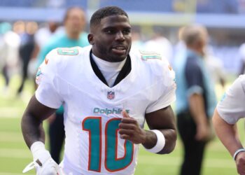 Miami Dolphins wide receiver Tyreek Hill (10) leaves the field after losing to the Indianapolis Colts at Lucas Oil Stadium.