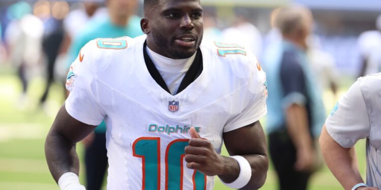 Miami Dolphins wide receiver Tyreek Hill (10) leaves the field after losing to the Indianapolis Colts at Lucas Oil Stadium.