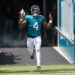 Jaguars running back Tank Bigsby (4) takes the field prior to a game against the Carolina Panthers at EverBank Stadium.