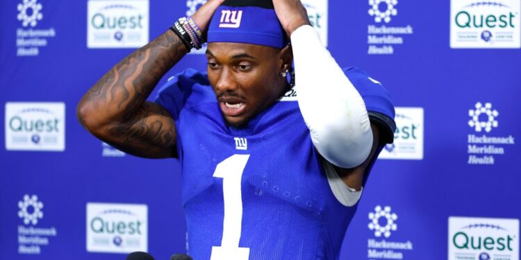 New York Giants wide receiver Malik Nabers at a press conference.