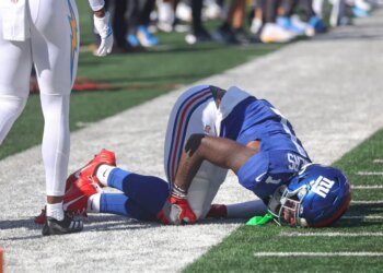 Malik Nabers is injured during the Giants' win over the Chargers on Sept. 28, 2025.