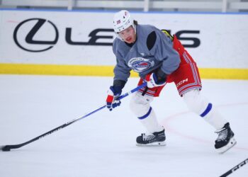 Artemi Panarin looks  to pass during Rangers practice on Sep.t 18, 2025.