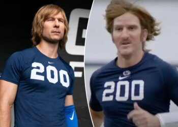 An image collage containing 2 images, Image 1 shows CHAD POWERS, Glen Powell, (Season 1, premiered Sept. 30, 2025). photo: DJ Delgado / ©Hulu/Disney / Courtesy Everett Collection, Image 2 shows Eli Manning as Chad Powers