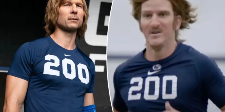 An image collage containing 2 images, Image 1 shows CHAD POWERS, Glen Powell, (Season 1, premiered Sept. 30, 2025). photo: DJ Delgado / ©Hulu/Disney / Courtesy Everett Collection, Image 2 shows Eli Manning as Chad Powers