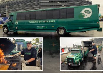 Inside Jets superfan's insane tailgate with 'electrical hydraulic' truck-grill and unmissable Gang Green bus