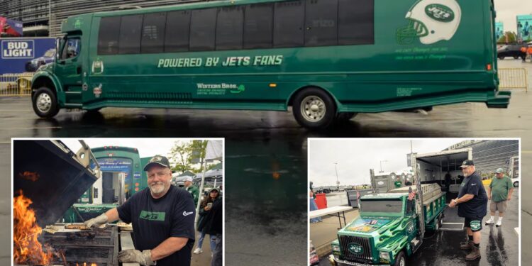 Inside Jets superfan's insane tailgate with 'electrical hydraulic' truck-grill and unmissable Gang Green bus