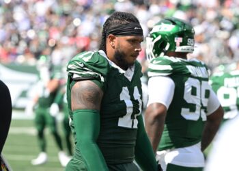 Jermaine Johnson looks on during the Jets-Bills game on Sept. 14, 2025.