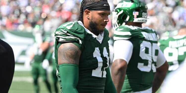 Jermaine Johnson looks on during the Jets-Bills game on Sept. 14, 2025.