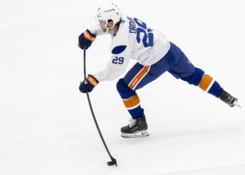 New Islander Jonathan Drouin takes a shot during the team's practice on Sept. 18, 2025.