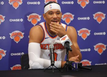 Josh Hart talks with the media on Sept. 23, 2025, the day before the Knicks begin training camp.