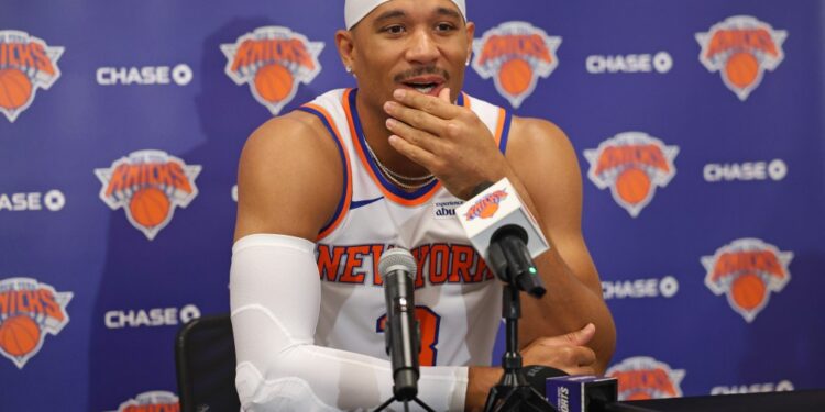 Josh Hart talks with the media on Sept. 23, 2025, the day before the Knicks begin training camp.