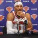 Josh Hart talks with the media on Sept. 23, 2025, the day before the Knicks begin training camp.
