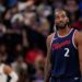 Los Angeles Clippers forward Kawhi Leonard, right, looks toward the scoreboard during the second half of an NBA basketball game, May 1, 2025, in Inglewood, Calif.