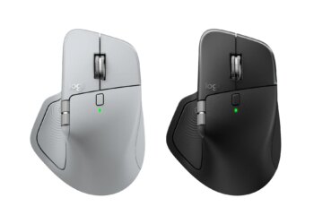 An image that shows a grey and black Logitech MX Master 4 next to each other.